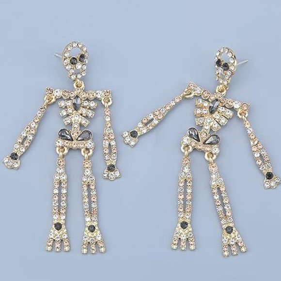 Gold Peach Skeleton Rhinestone Earrings Halloween Party CZ Dangle Skeletons New - Picture 1 of 6